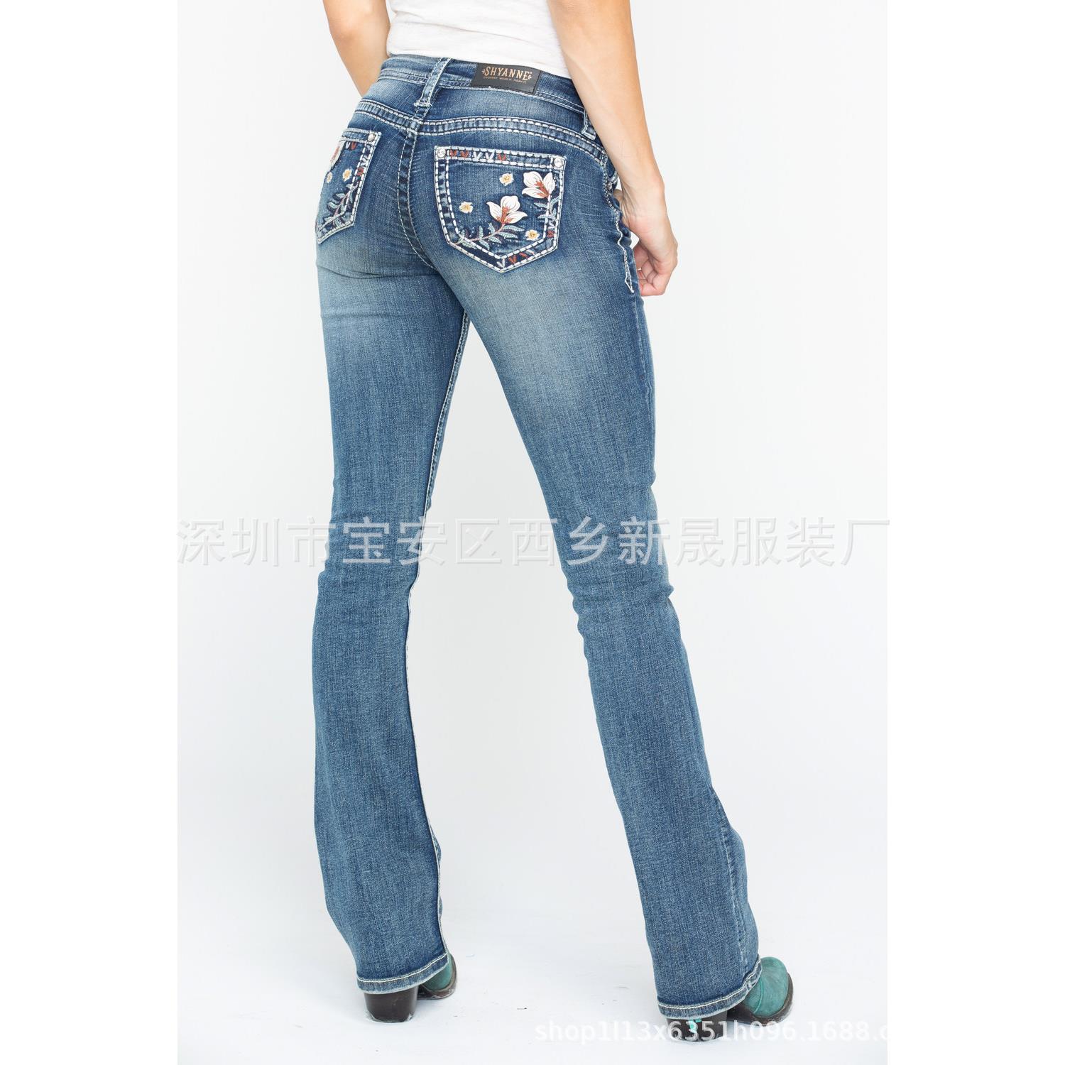 womens fit jeans embroidery slim trousers mid-rise Womens