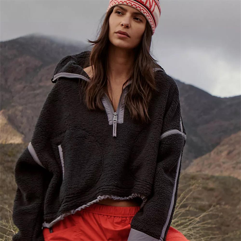 women for jacket fleece lamb color contrast collar stand