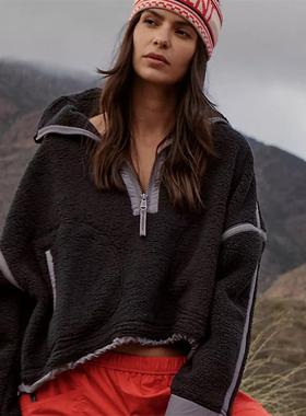 women for jacket fleece lamb color contrast collar stand