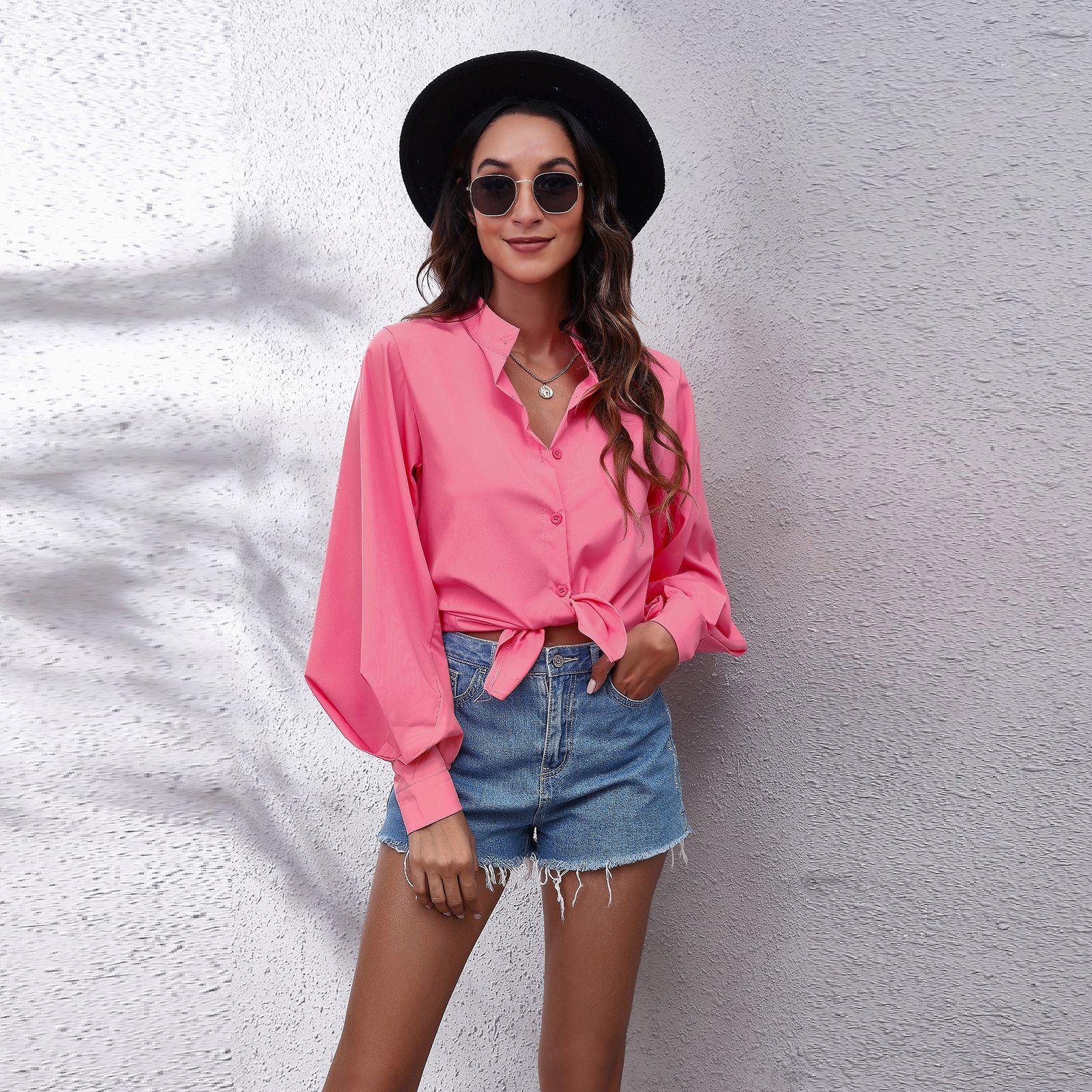 color collar lantern shirt solid large chiffon Stand sleeve