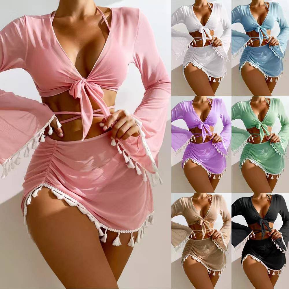 four-piece Womens blouse swimsuit short mesh tassel skirt