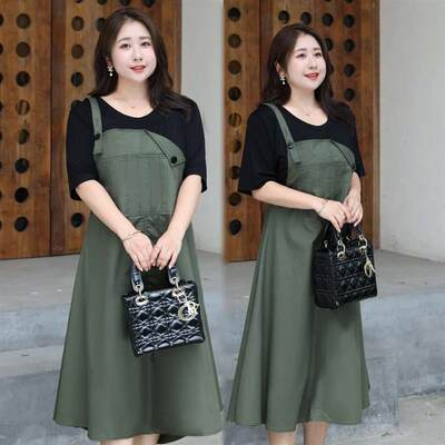 Extra large size fake two-piece slimming dress for fat