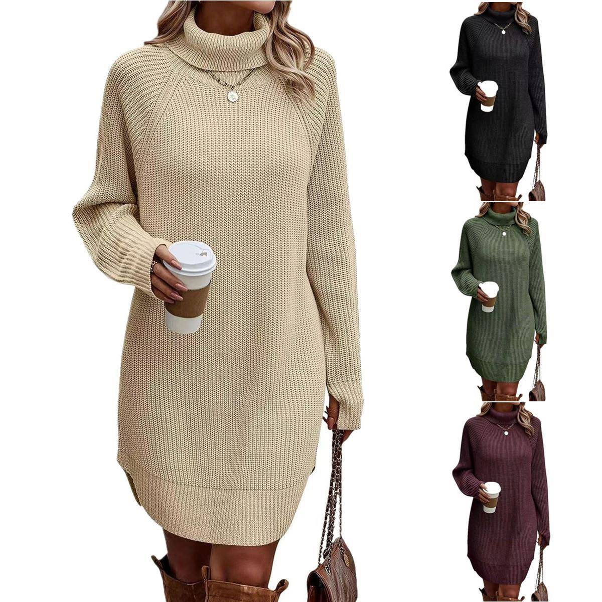 Dress Cardigan Knitted Womens Sweater Turtleneck Slit