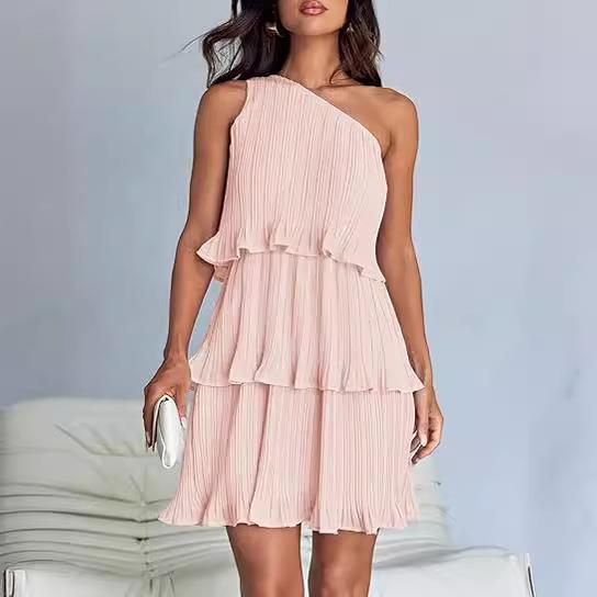 summer women dress one shoulder sleeveless ruffle tiered
