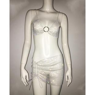 Womens suspender skirt suit sexy fishnet rhinestone top