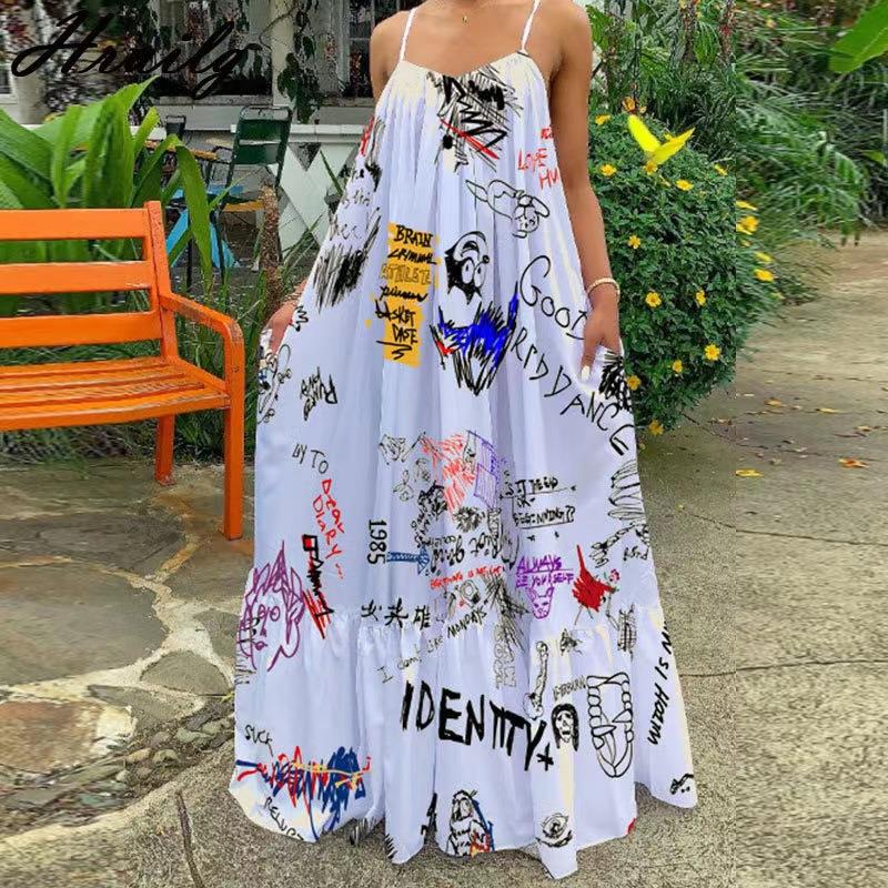 sundress flowy beach dress graffiti line vocation dresses