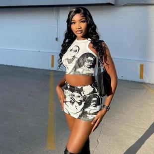 Round neck cartoon sleeveless short vest skirt suit for