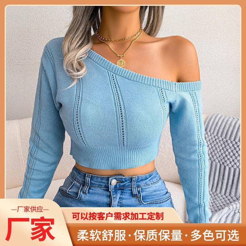 sweater midriff slant solid shoulder female jumper pullover