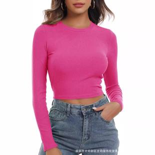 neck belly long round button fit slim knitted Womens sleeve