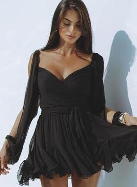 dress short slim backless strap sleeve long mesh leisure