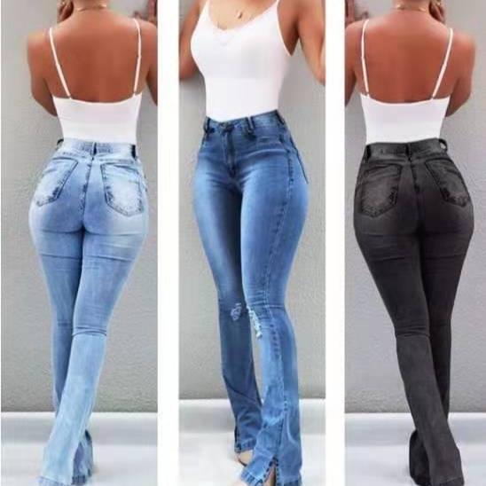 Washed elastic hip-lifting flared pants South American
