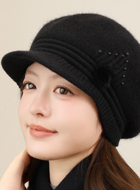 秋冬女兔毛保暖显脸小针织贝雷帽