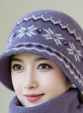 中老年女冬季加厚保暖提花针织帽