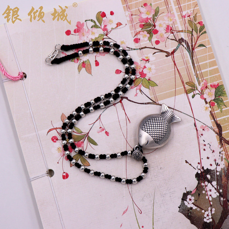 复古吉祥鱼小吊坠999纯银项链女手工编织简约百搭锁骨链短款颈带|msdalam kategori Aksesori/Barang Kemas Fesyen, kalung - dari Buy2taobao.com untuk memberikan perkhidmatan ejen Taobao profesional membeli