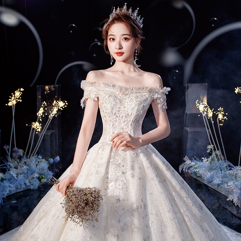 轻主婚纱2020新款赫本新娘一字肩森系梦幻超仙齐地拖尾气质礼服裙