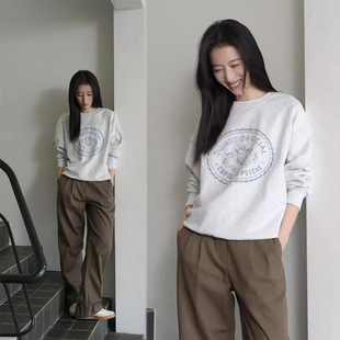 周雨彤同款美式复古字母印花纯棉宽松百搭慵懒风ins圆领长袖卫衣