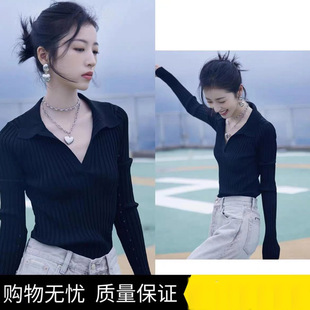 显瘦V领polo衫 周雨彤同款 修身 打底上衣女2023法式 毛衣 黑色针织衫