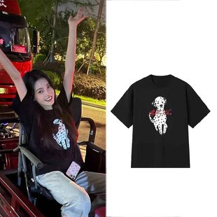 孙珍妮同款设计感小众纯棉可爱斑点狗狗印花宽松百搭短袖T恤上衣