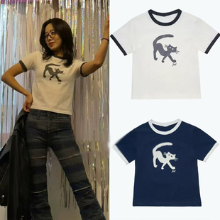 金南珠同款字母印花纯棉夏季宽松拼接短款修身简约韩系小众T恤