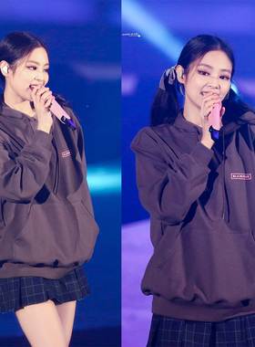 jennie金智妮同款灰色印花连帽加绒卫衣宽松长袖口袋套头情侣外套