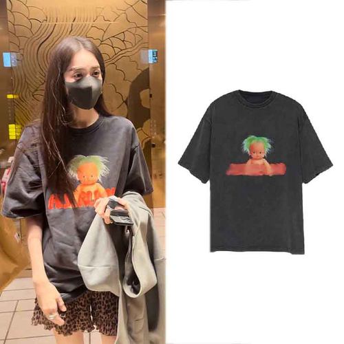 美式灰色娃娃字母印花T恤夏季薄款纯棉宽松透气上衣