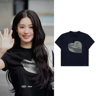 甜辣短款 赵美延同款 新款 T恤女夏季 显瘦上衣 ins爱心像素软糖短袖