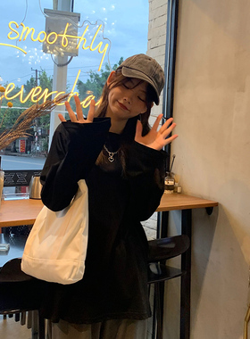 Meet U早秋纯棉长袖黑色慵懒风情侣圆领宽松休闲打底衫ins百搭T恤