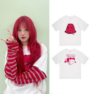 T恤衫 GIDLE 红色YUQI字母印花短袖 夏季 潮百搭 宋雨琦周边应援同款