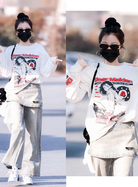 虞书欣同款棉卫衣甜酷宽松长袖韩系复古印花百搭气质上衣ins女装