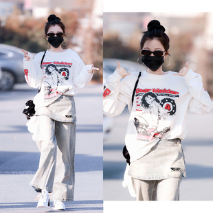 韩系复古印花百搭气质上衣ins女装 虞书欣同款 棉卫衣甜酷宽松长袖