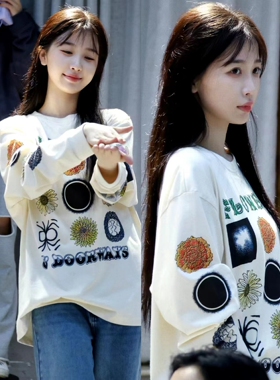 虞书欣明星同款印花图案套头卫衣女春秋季宽松休闲打底上衣T恤衫