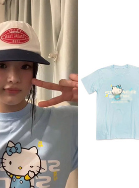 New Jeans 金玟池韩国同款ins百搭宽松印花Kitty字母纯棉蓝色上衣