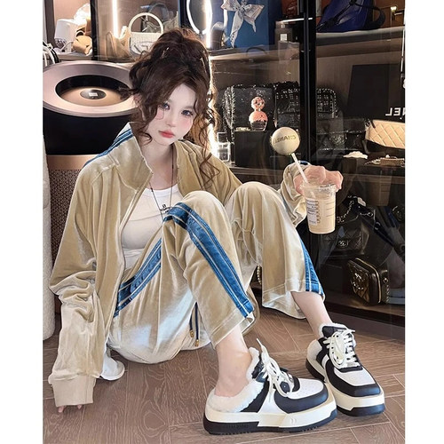 早秋金丝绒运动休闲套装女宽松洋气减龄开衫卫衣阔腿裤两件套显瘦