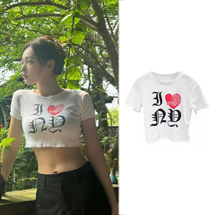 明星程潇夏季同款短款修身辣妹女上衣百搭字母印花纯棉弹力美式T