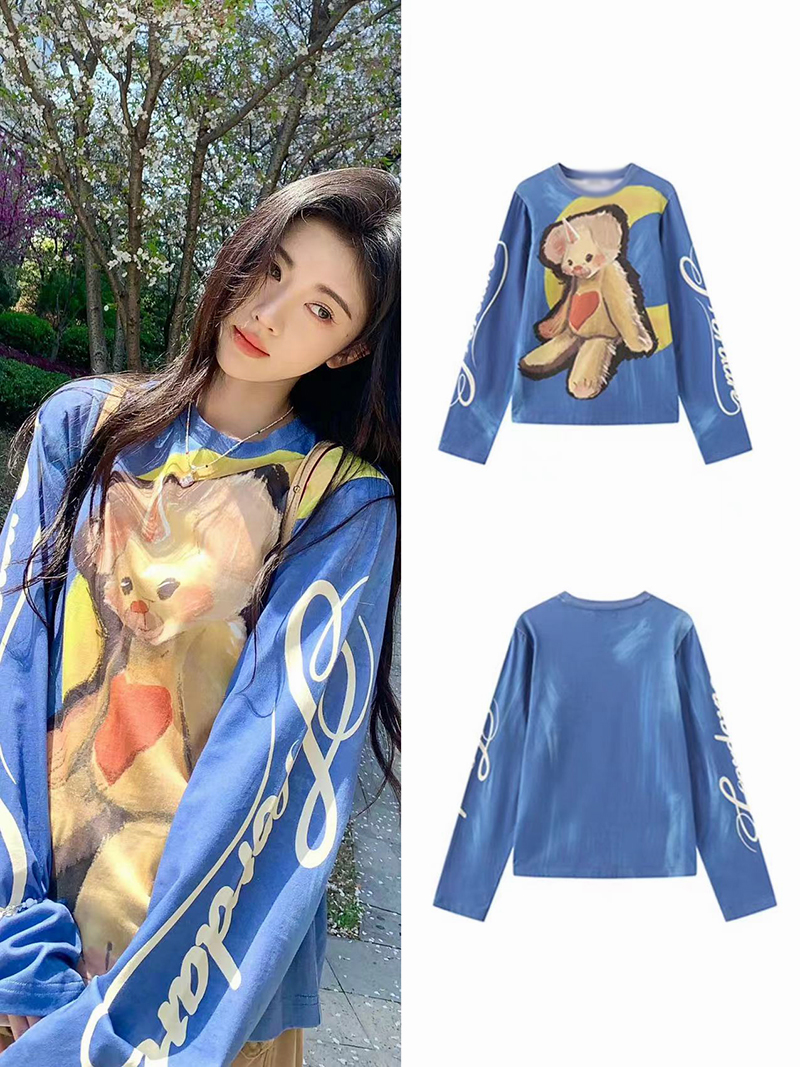 鞠婧祎明星同款卡通小熊宽松T恤印花oversize显瘦弹力长袖上衣女
