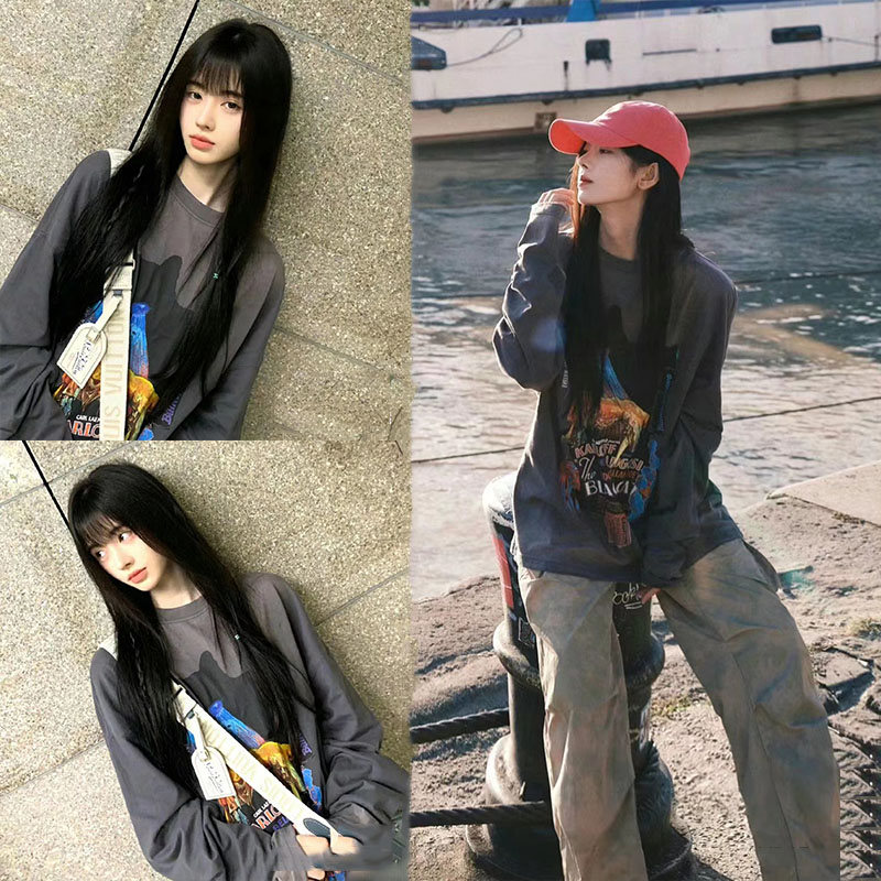 美拉德风辣妹宽松遮臀印花T恤