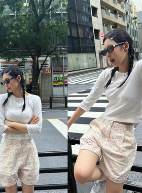 干净春秋七分袖圆领T恤女短款百搭纯棉纽扣打底衫上衣