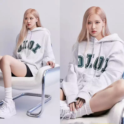 rose朴彩英明星同款秋冬刺绣贴布灰色连帽套头长袖上衣宽松卫衣女