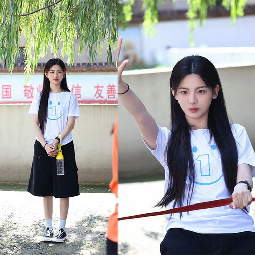 杨超越同款白色图案印花短袖T恤休闲百搭圆领纯棉上衣t恤潮流女