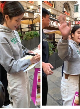 iu李知恩同款巴黎时装街头连帽宽松灰色长袖印花短款套头卫衣外套