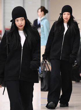 jennie韩国同款黑色连帽卫衣外套女装春秋2024新款时尚高级感休闲