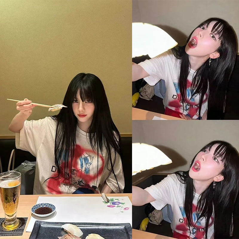 柳智敏同款涂鸦卡通ins短袖oversize宽松男女同款印花纯棉遮臀T恤