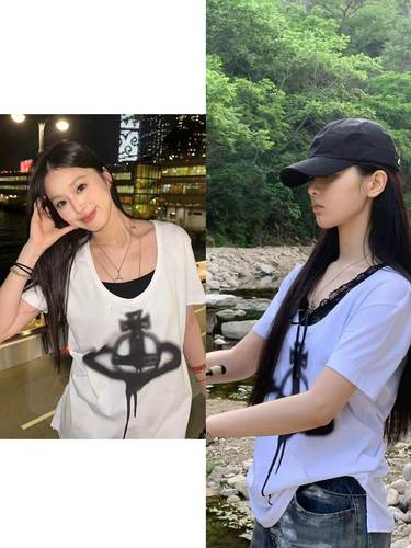 杨超越同款美式复古土星印花纯棉短袖T恤宽松夏季oversize休闲衣