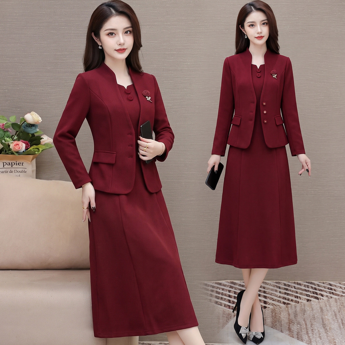 女装长袖两件套连衣裙女2026春秋新款喜婆婆妈妈婚宴礼服套装裙子