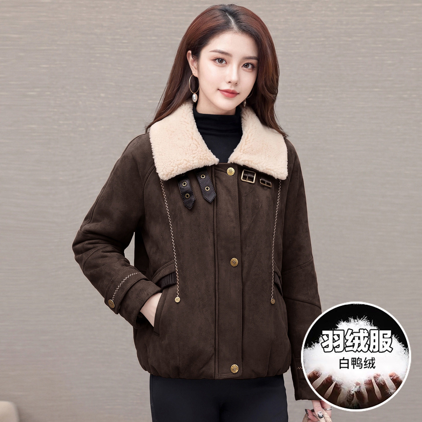 中青年女装时尚羽绒服短款2026秋冬皮毛一体白鸭绒夹克外套小个子