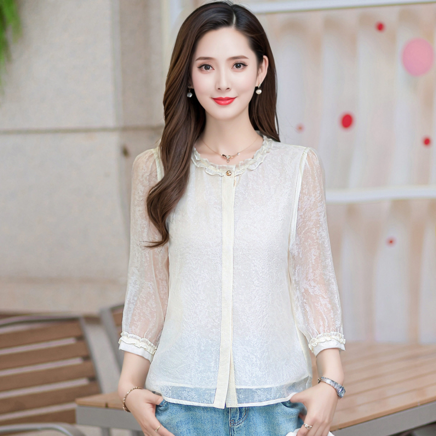 中年妈妈春夏小衫时尚衬衫短款中青年女洋气质端庄大气九分袖上衣