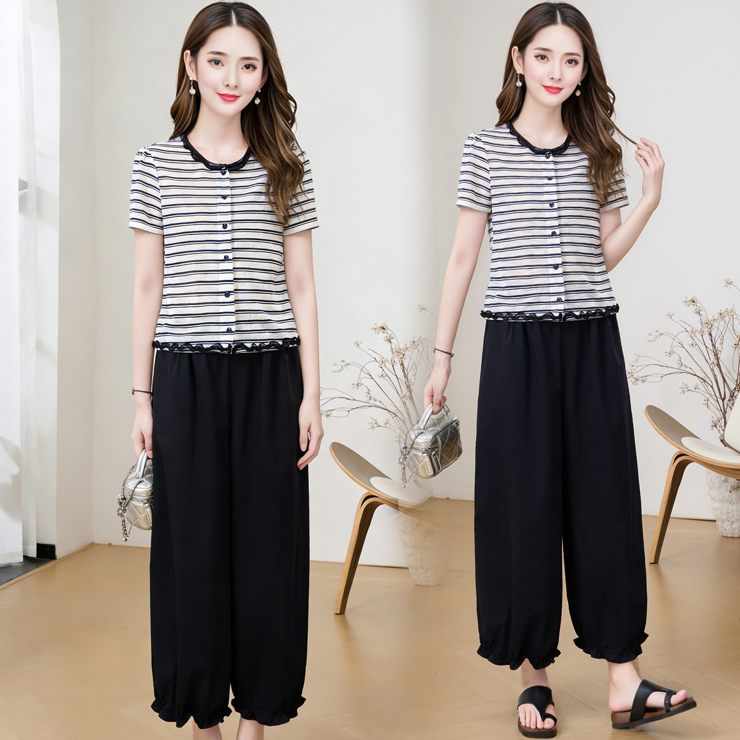 条纹时尚套装裤女2026年夏季新款韩版修身气质小衫裤子休闲两件套