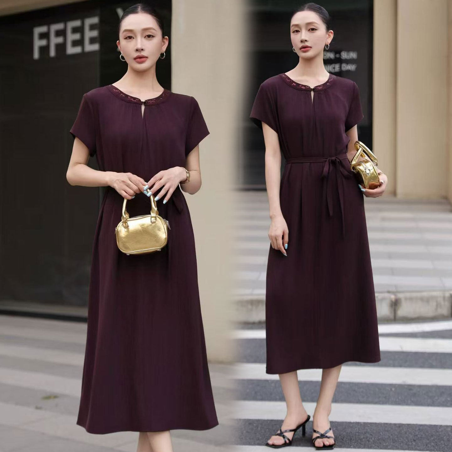 洋气时尚短袖连衣裙中青年女装2026夏季新款气质系带中年妈妈长裙