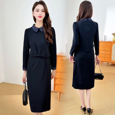 2025秋季新款显瘦遮肉长袖连衣裙时尚气质洋气假两件礼服裙过膝裙