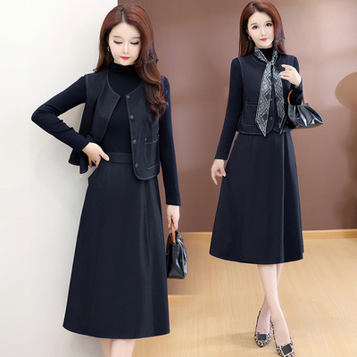 中青年女时尚两件套裙2025春秋中年妈妈装遮肉马甲长袖连衣裙套装